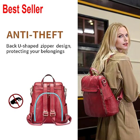 Genuine Leather Anti-Theft Backpack Purse with Removable Strap